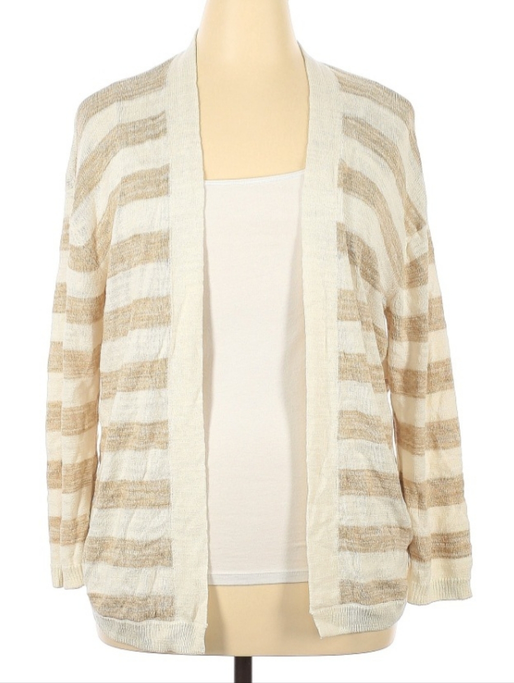 Talbots Tan White Striped Open Cardigan Sz XLP EUC